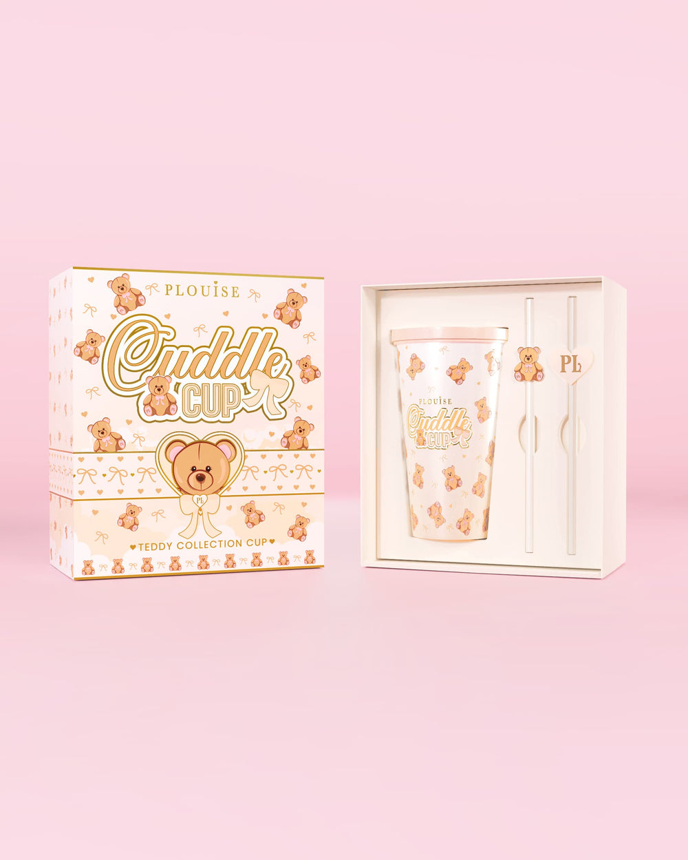 Εικόνα του P.Louise Teddy Bear Steel Cuddle Cup Tumbler & Straw σε συσκευασία με σχέδιο teddy print