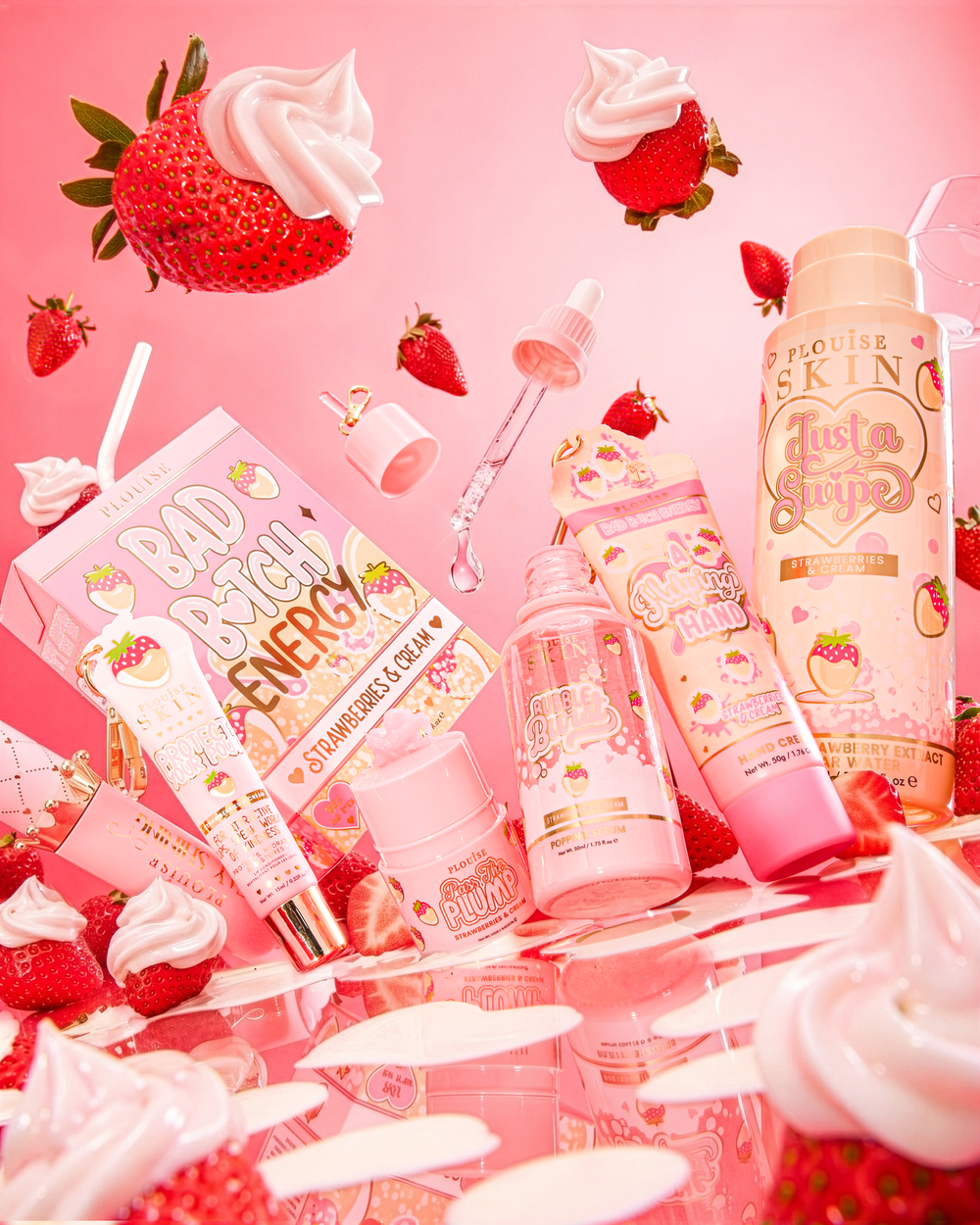 P.Louise What A Tret Strawberries And Cream Skincare Bundle που περιβάλλεται από φράουλες