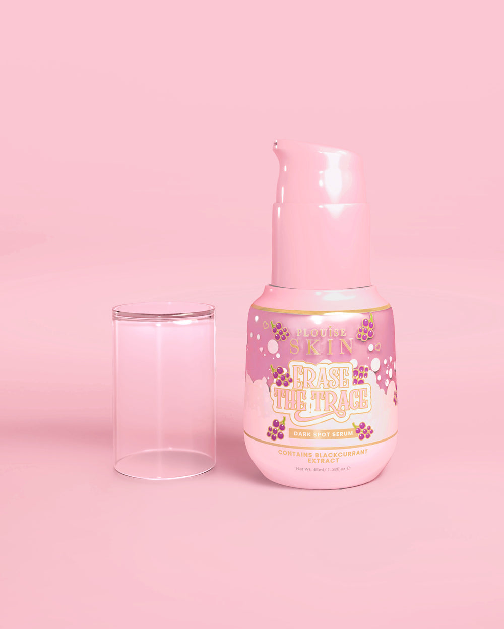 Ροζ μπουκάλι P. Louise Erase The Trace Dark Spot Correcting Serum με κλειστό καπάκι σε ροζ φόντο