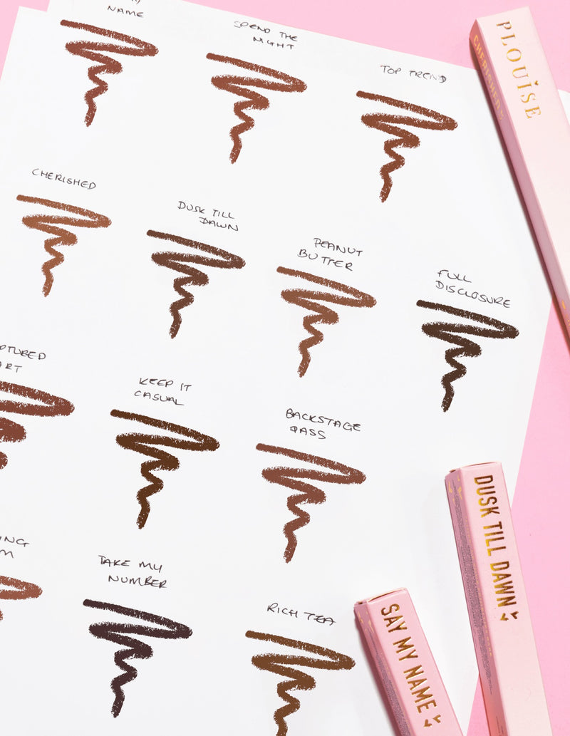 Μια εικόνα ενός κομματιού χαρτιού με σκαριφήματα που δείχνουν κάθε απόχρωση και όνομα P.Louise Ultimate Definition Sharpenable Lip Liner
