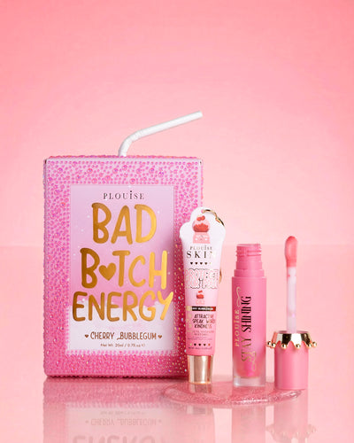 Ροζ κρύσταλλο P.Louise glitter bad bitch Energy lip duo σε τσιχλόφουσκα κερασιού με γυαλιστερό λάδι χειλιών και conditioner χειλιών