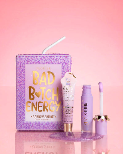 Μωβ P.Louise crystal glitter bad bitch energy lip duo σε σερμπέτι ουράνιο τόξο με γυαλιστερό λάδι χειλιών και κοντίσιονερ για τα χείλη