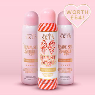 Three bottles of P.Louise glitter setting spray products on a pink background with a heart-shaped label indicating value.