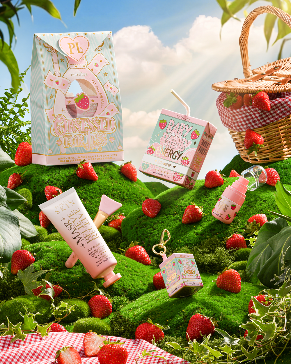 Strawberry P.Louise Obsessed For Bad Bitch πλήρης συλλογή σε έναν χορταριασμένο λόφο που περιβάλλεται από φράουλες