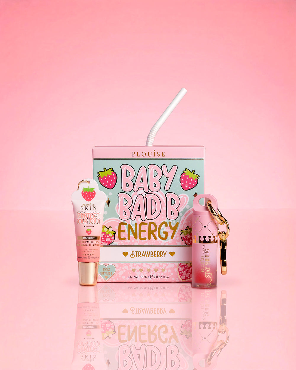 P.Louise Strawberry Baby Bad B Mini Lip Oil & Mini Lip Conditioner σε ροζ φόντο