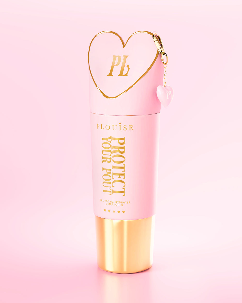 Γιγαντιαίο ροζ και χρυσό μπουκάλι Protect Your Pout με καπάκι σε σχήμα καρδιάς σε ανοιχτό ροζ φόντο