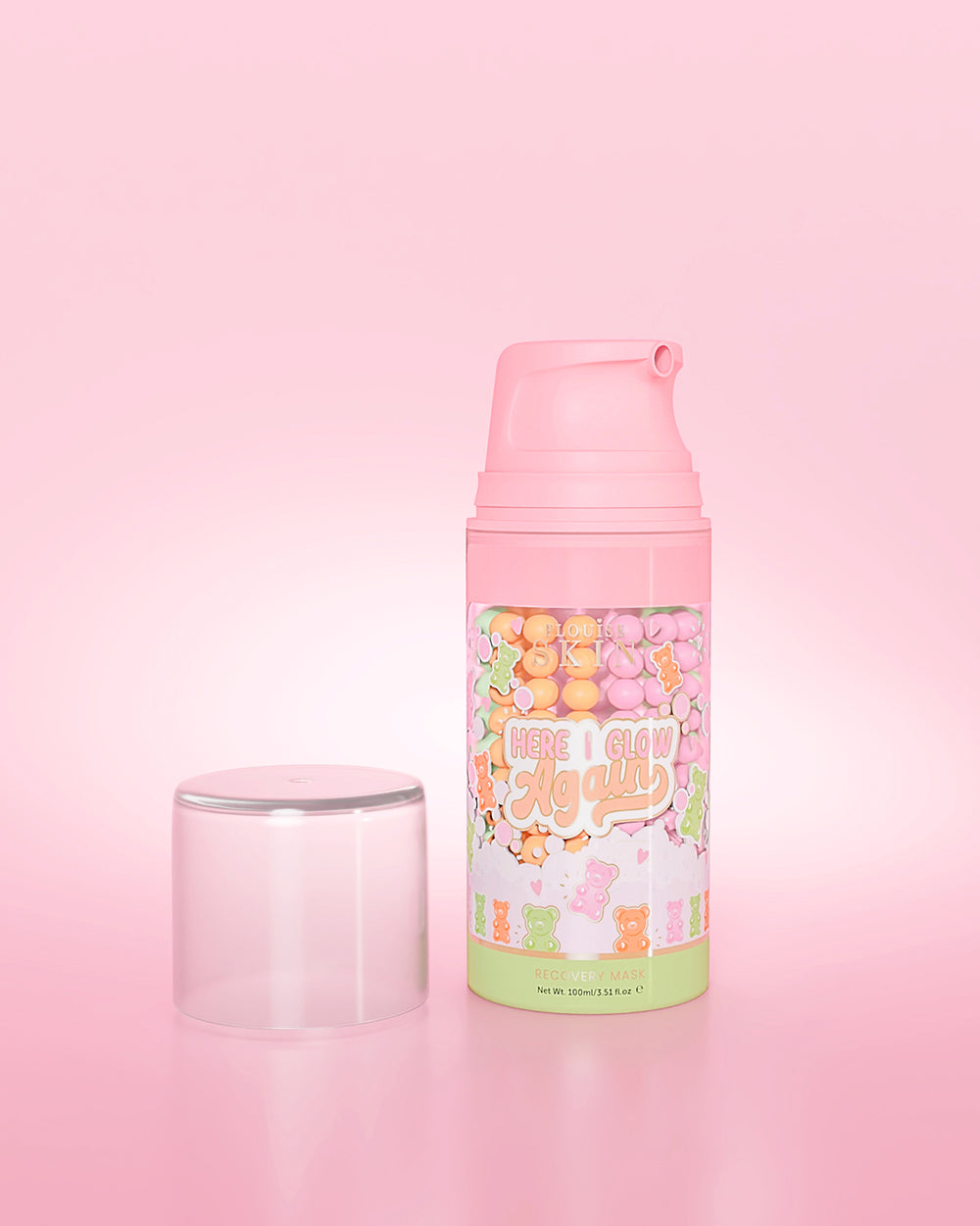 Μωβ μπουκάλι P. Louise Here I Glow Again Candy Bears Recovery Mask σε ροζ φόντο