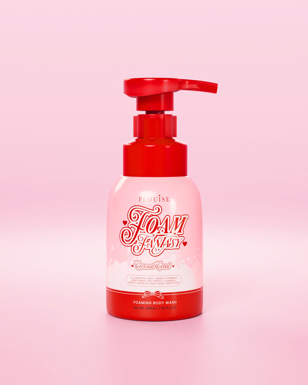 Κόκκινο και ροζ μπουκάλι αφρού P.Louise Foam Fantasy body wash σε ροζ φόντο