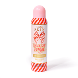 A bottle of P. Louise Ready Set Sparkle Christmas Glitter Setting Spray with red and pink stripes on the bottle and a red and pink striped bow against a white background